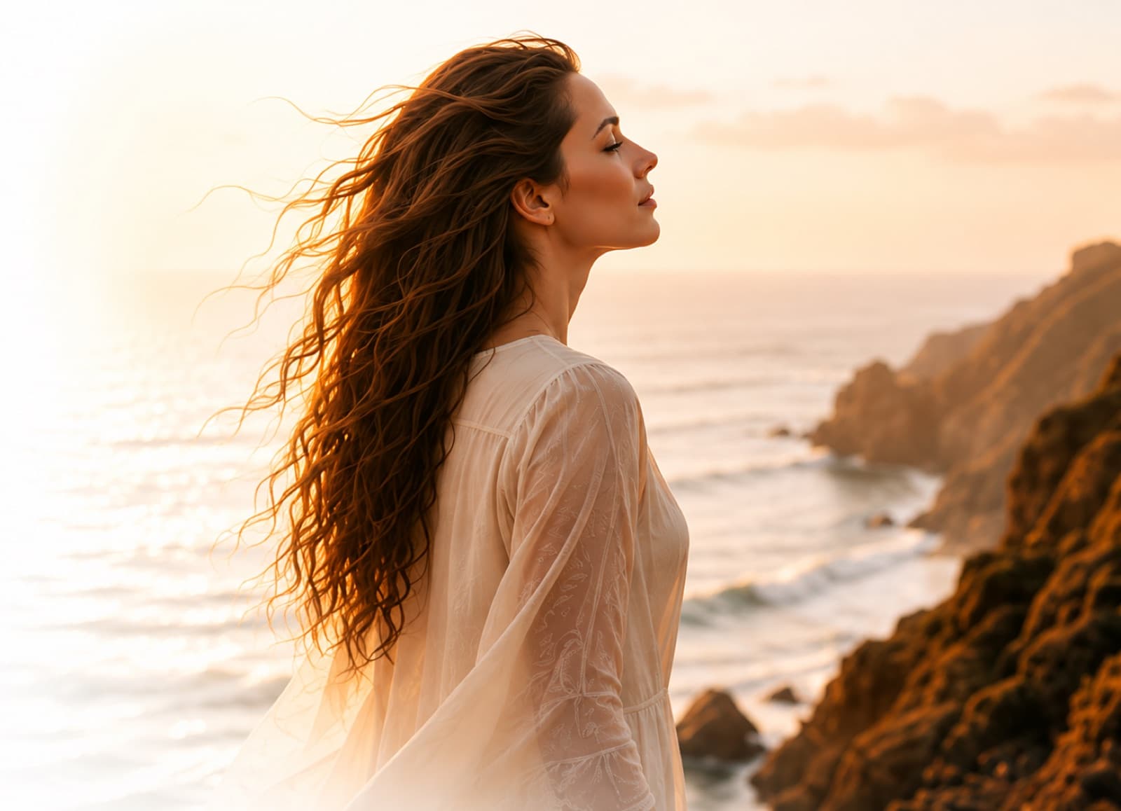 Une femme de profil face à la mer, cheveux au vent, dans la lumière chaude du couchant.