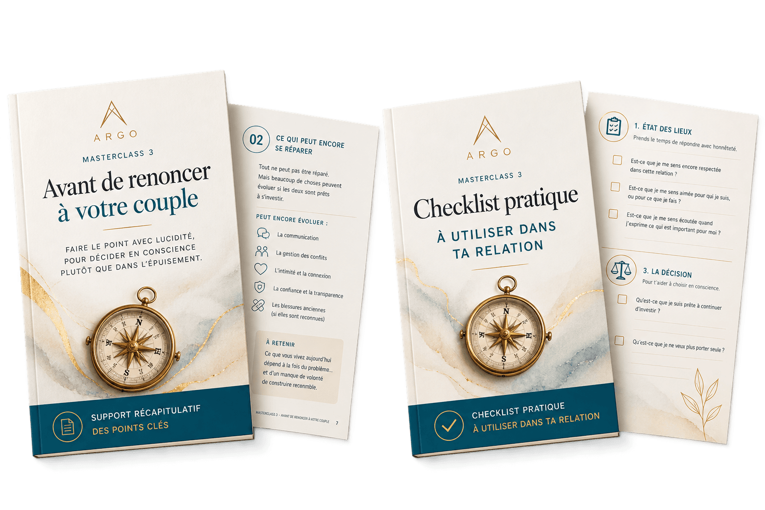 Les deux supports de la masterclasse 3 : le récapitulatif des points clés et la checklist pratique, ouverts sur leurs pages intérieures.