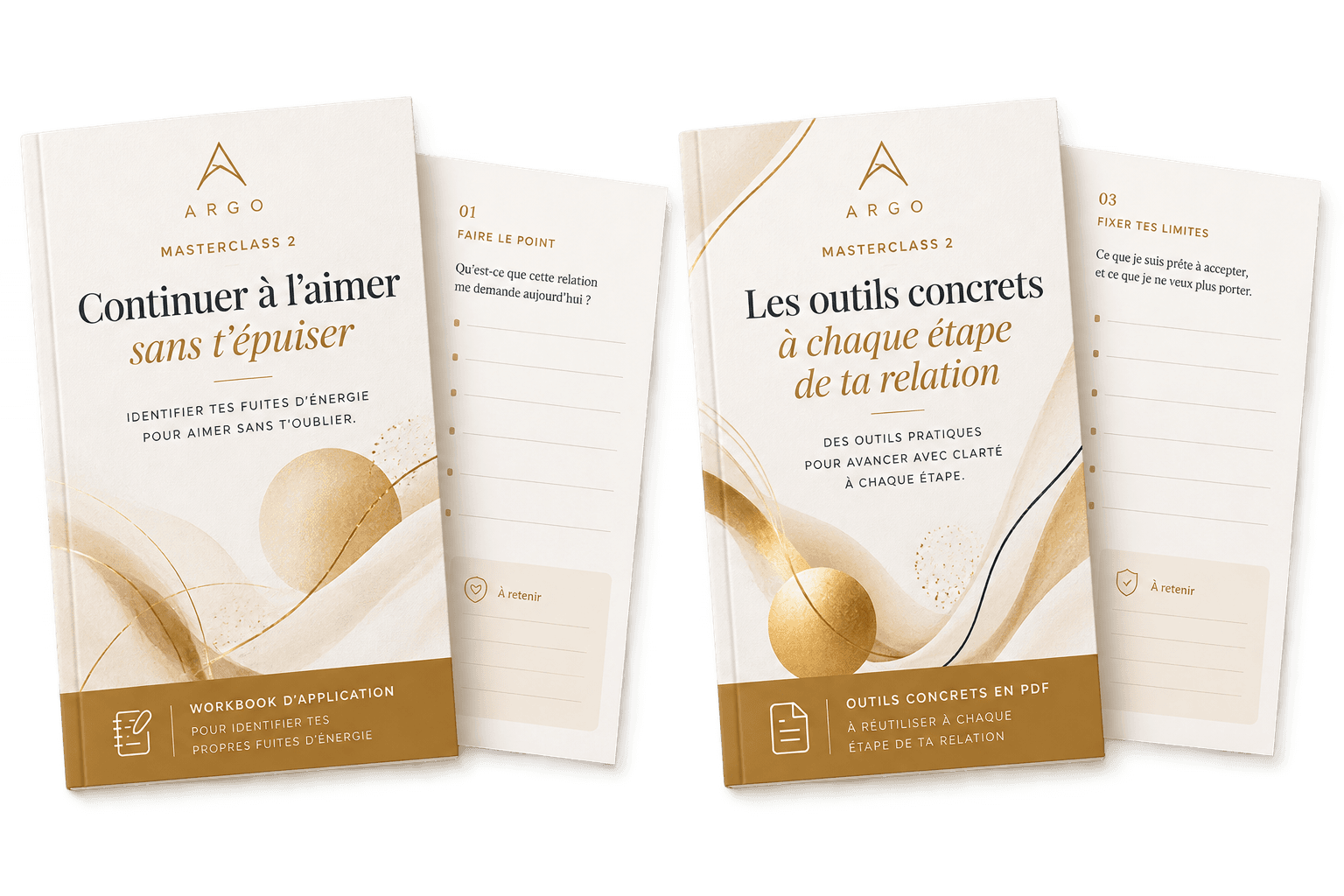 Les deux supports de la masterclasse 2 : le workbook d'application pour identifier tes fuites d'énergie, et les outils concrets en PDF, ouverts sur leurs pages intérieures.