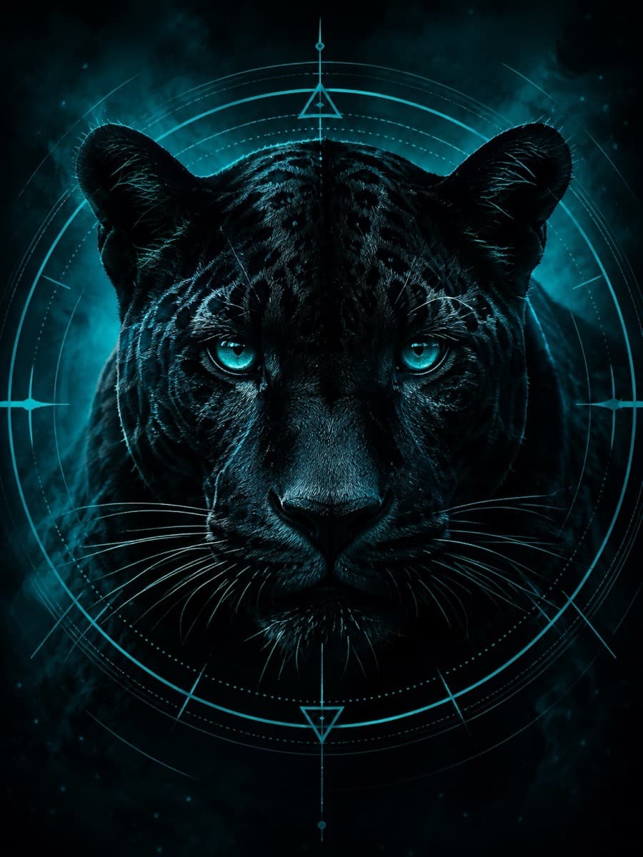 Un jaguar noir aux yeux clairs, inscrit dans un cercle tracé de lignes turquoise.