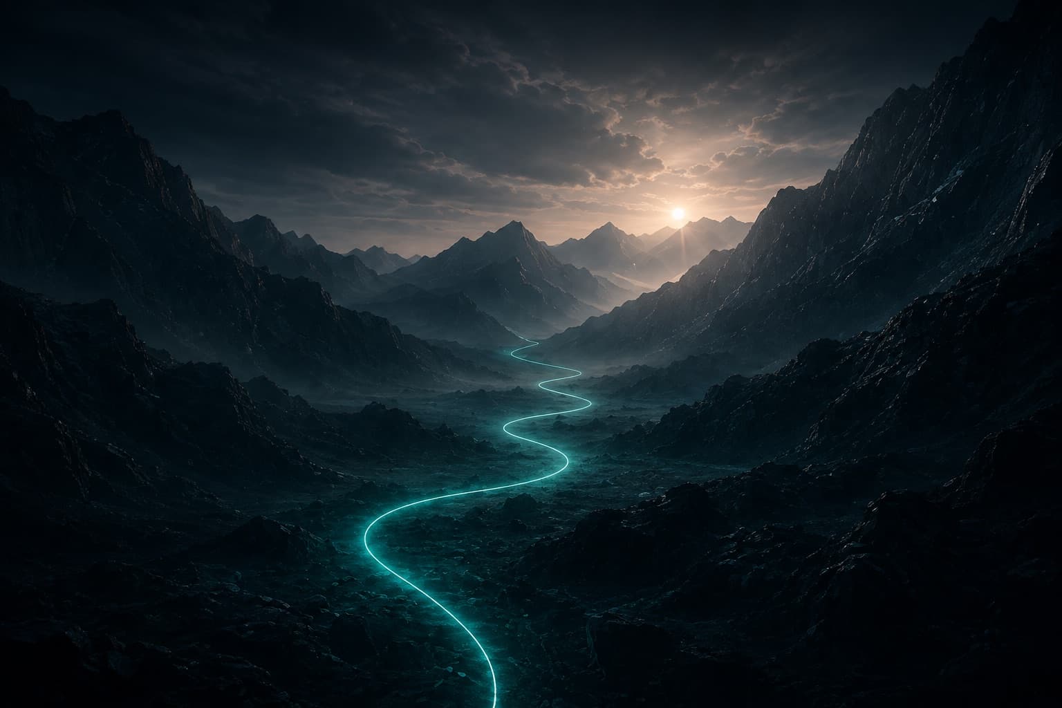 Un sentier de lumière serpente au fond d'une vallée de montagne, vers une trouée de soleil.