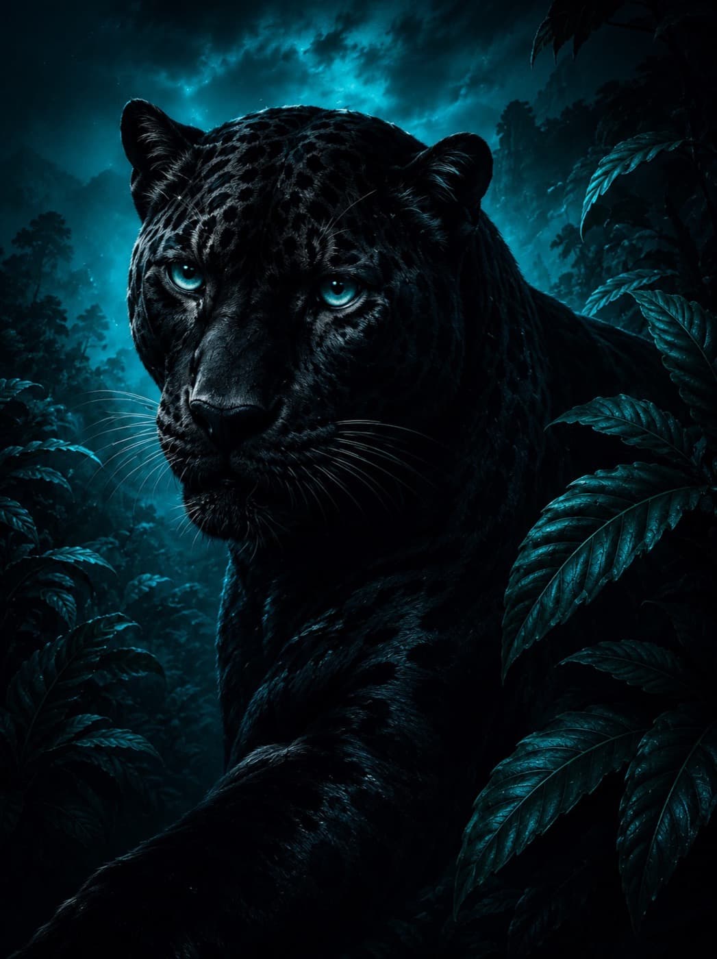 Un jaguar noir dans la pénombre, le regard tourné vers l'objectif.
