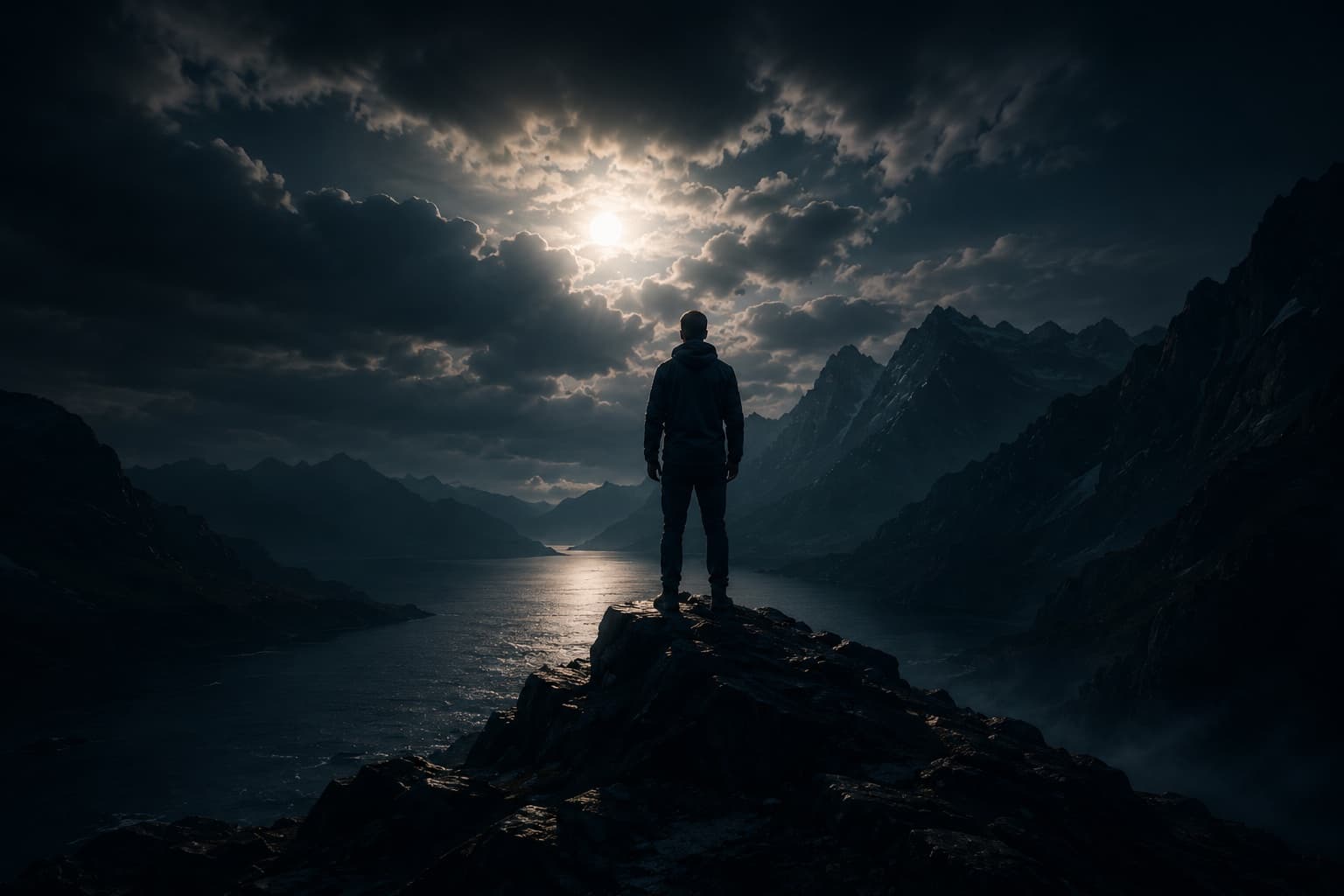 Un homme debout sur un rocher, face à une trouée de lumière au-dessus d'un lac de montagne.