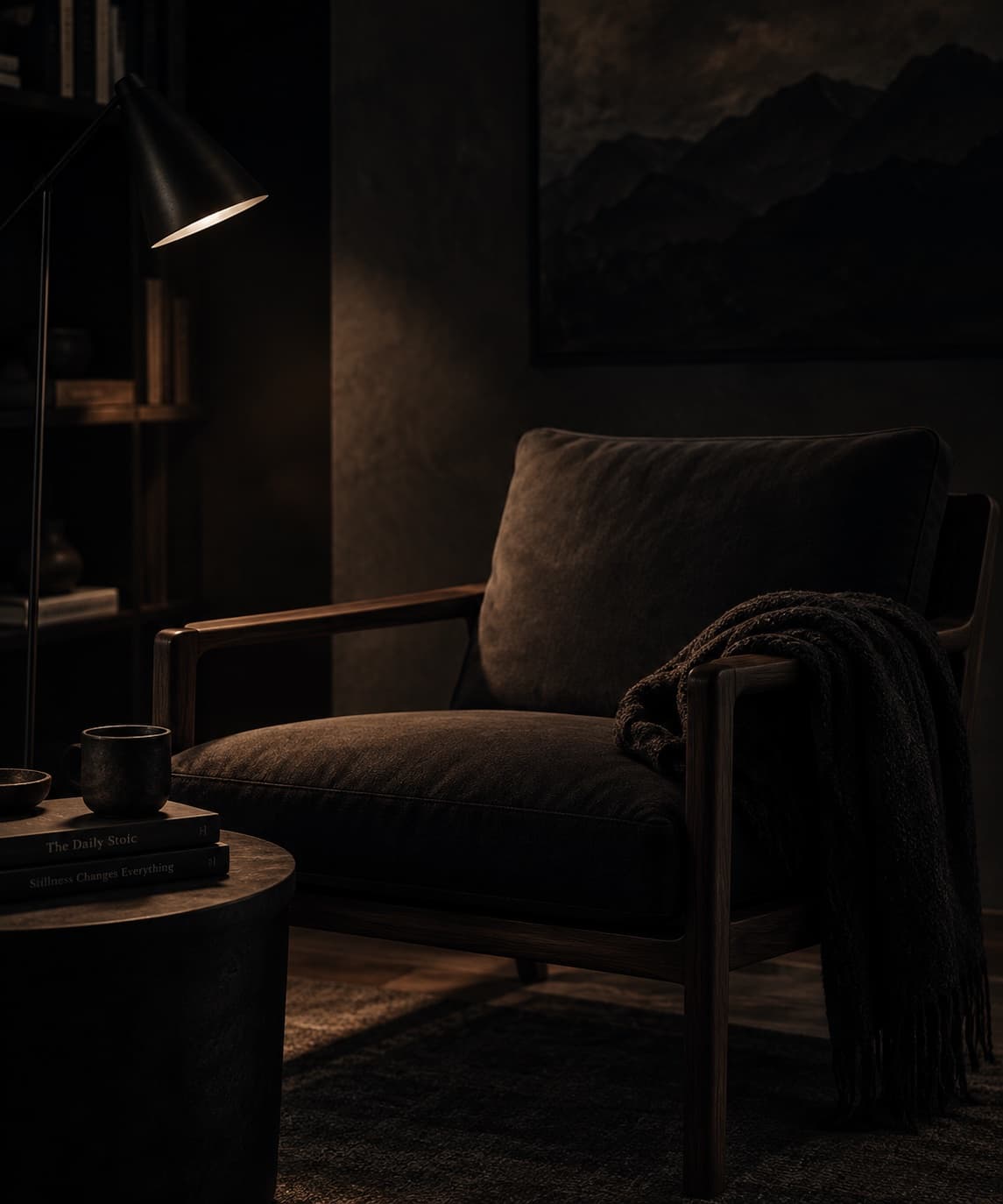 Un fauteuil sous une lampe basse, dans une pièce sombre.