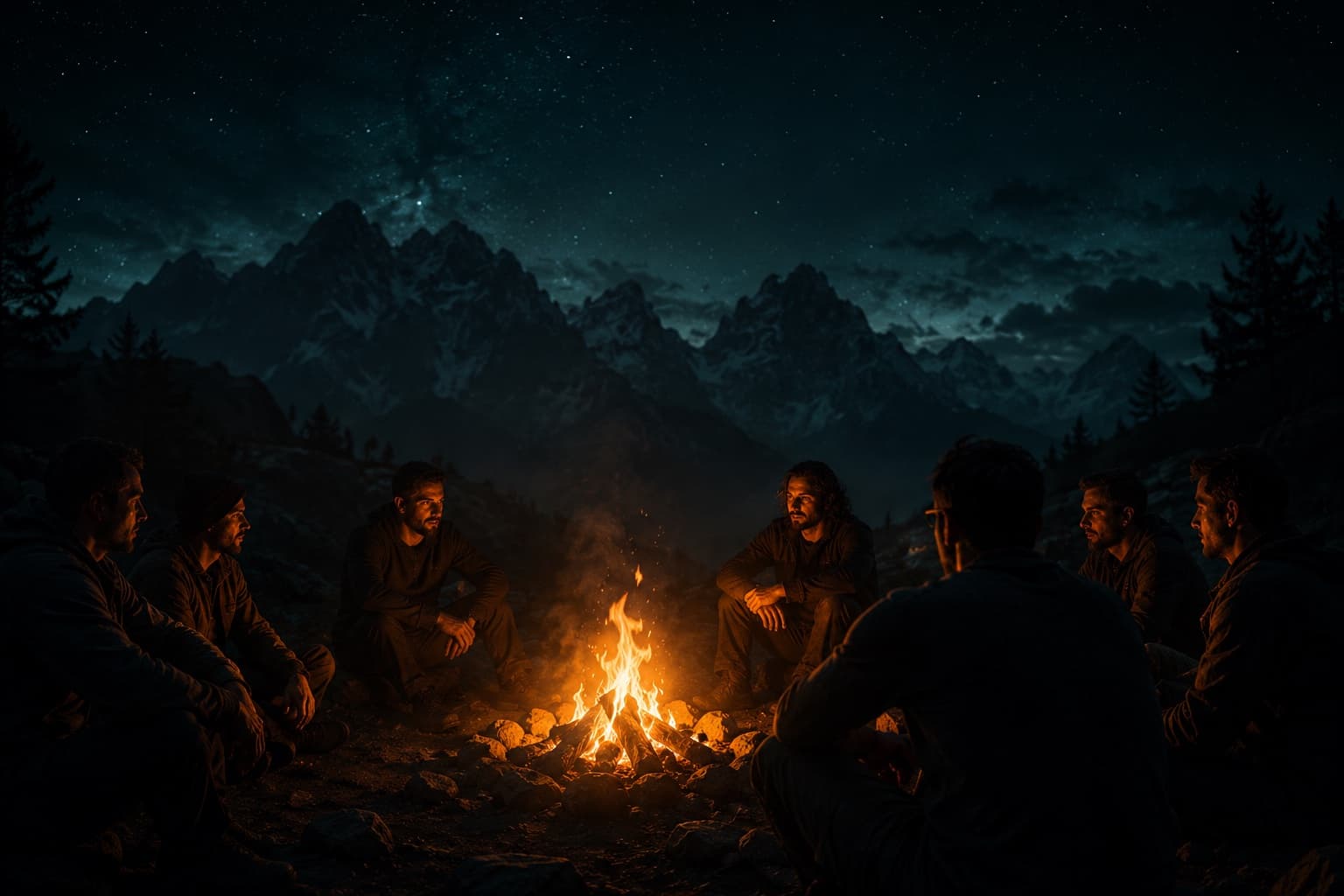 Des hommes réunis autour d'un feu, la nuit, en montagne.