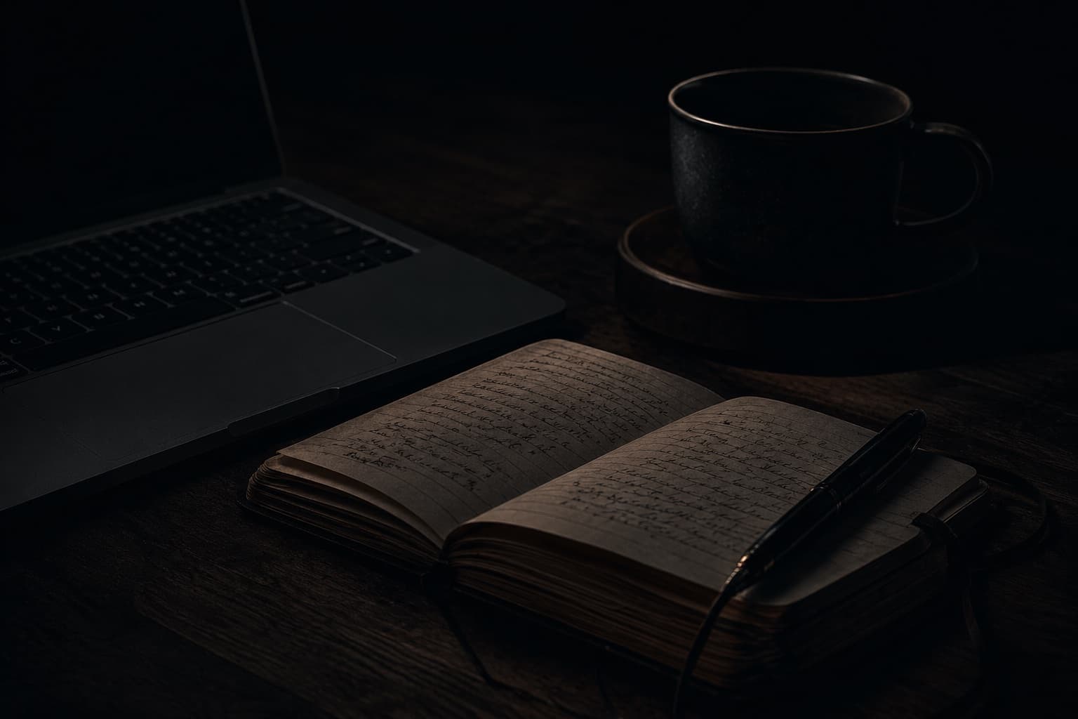 Un carnet ouvert et une lampe, sur un bureau sombre.