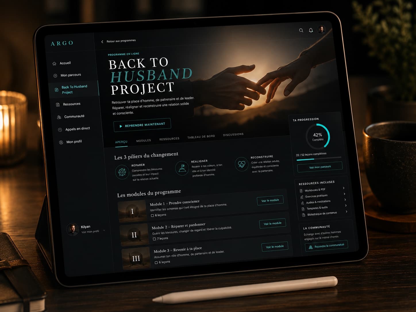 Le programme Back to Husband ouvert dans l'application ARGO, sur une tablette.