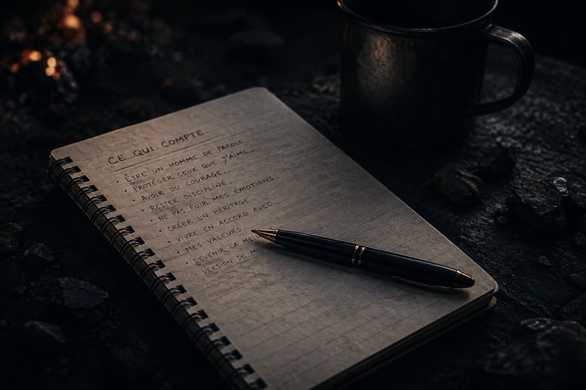 Un carnet ouvert et un stylo posés sur une table sombre.